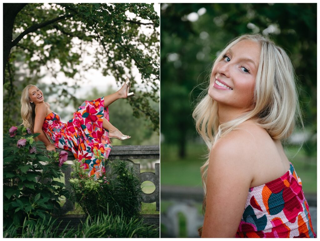 A cute blonde senior girl laughs and poses for camera at mellon Park 