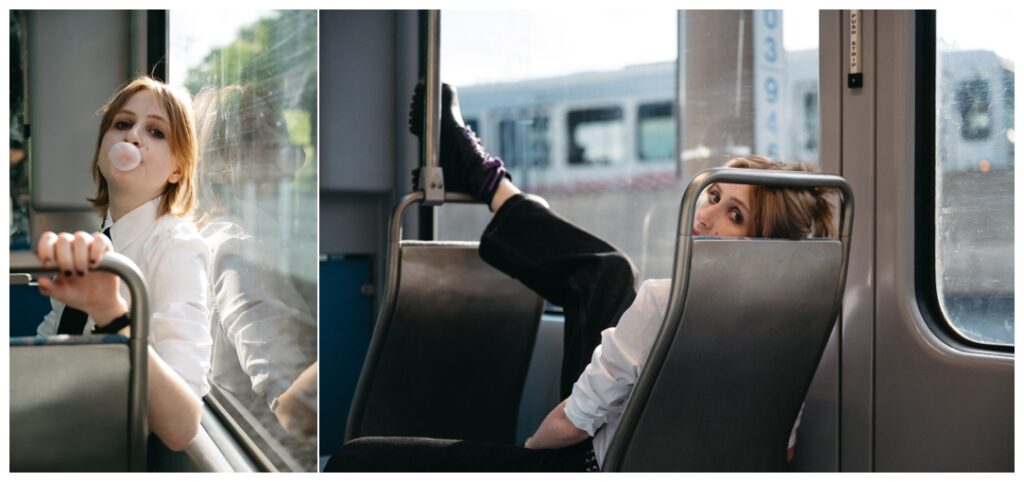 A gender neutral teen poses on the Pittsburgh trolley for her senior photos. 