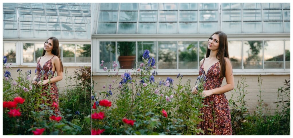 Senior girl posing in front of the greenhouse at Frick Fine Art Museum in Pittsburgh