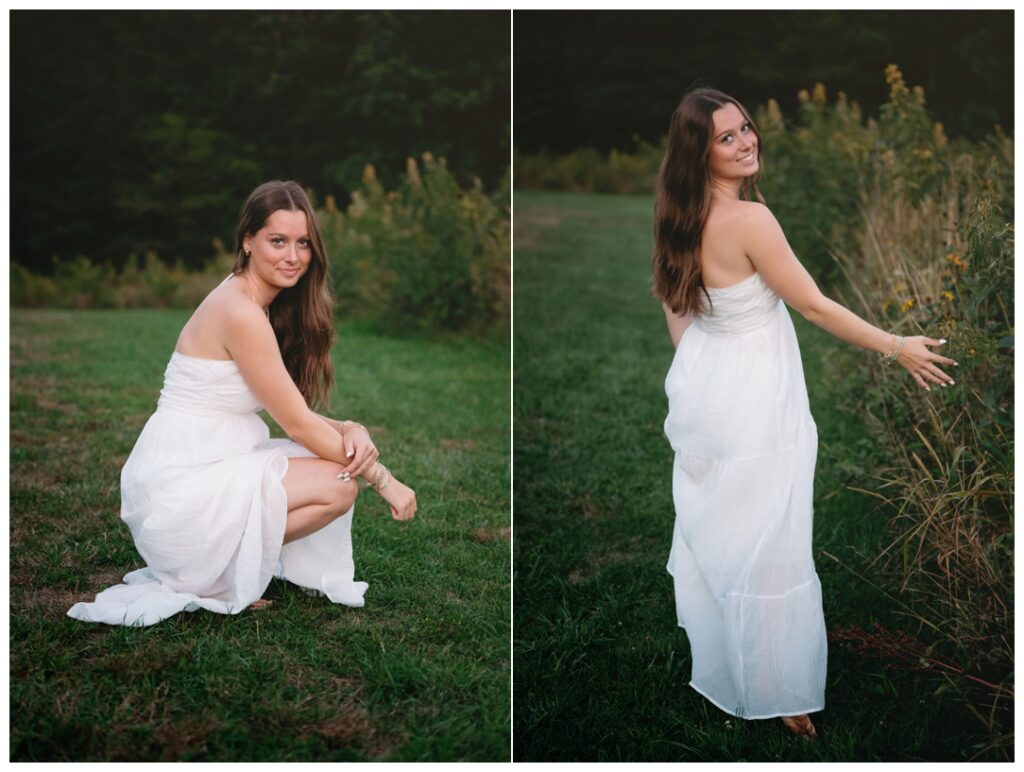 Senior girl in a white dress in a field 