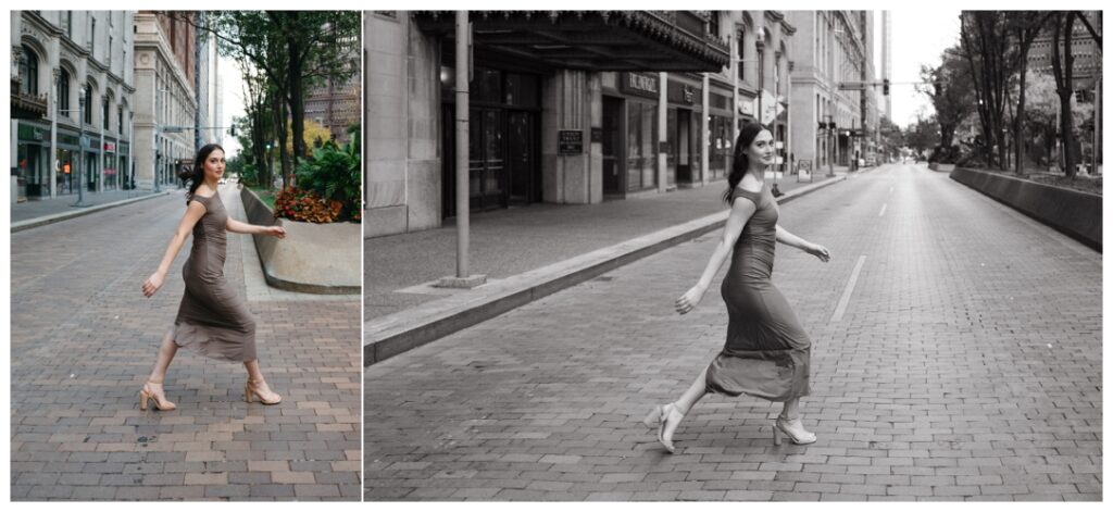 senior girl walking across the street Pittsburgh