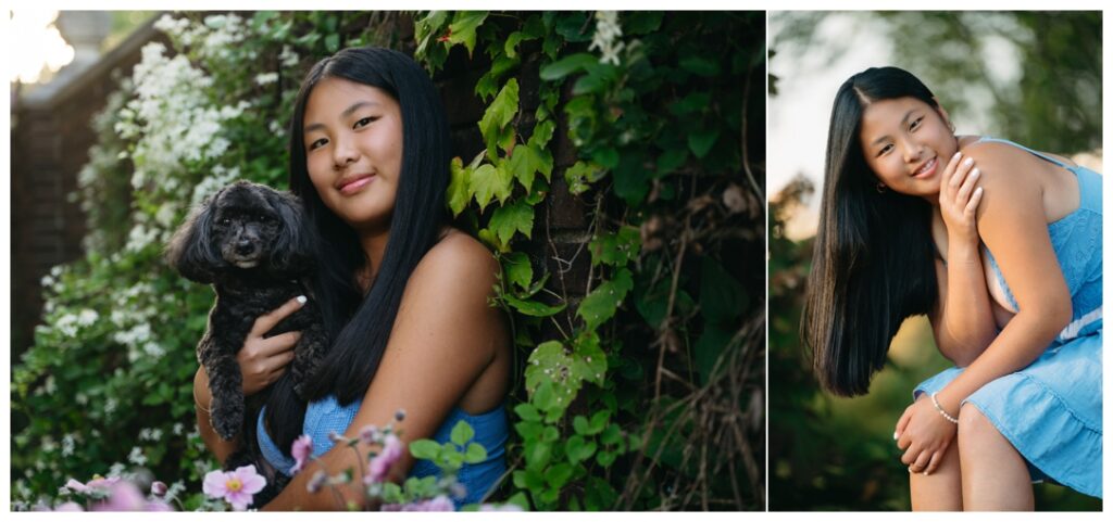 Senior girl poses with her puppy dog for photo session 