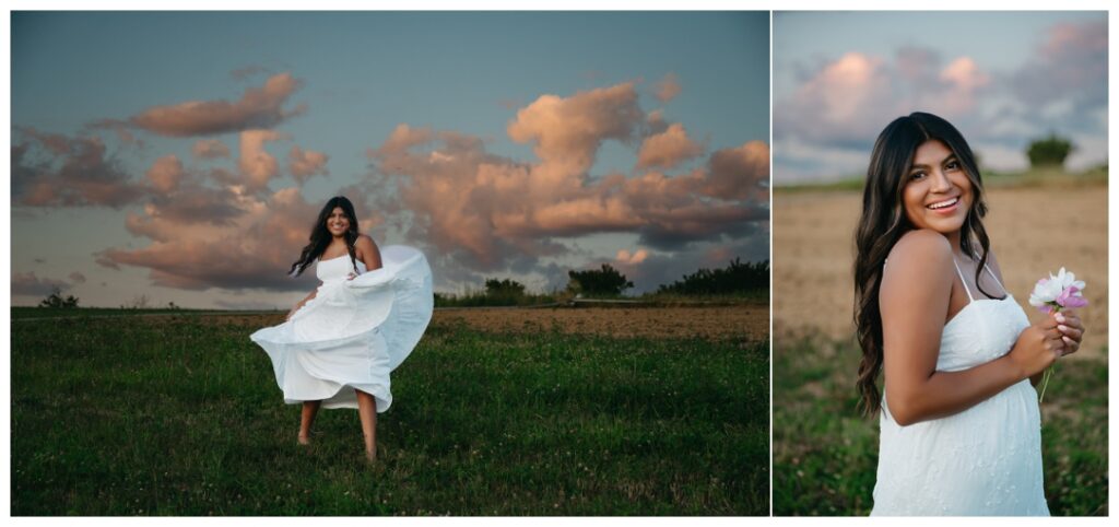 Senior girl twirling in a white dress at Simmons Farm during a sunset photoshoot