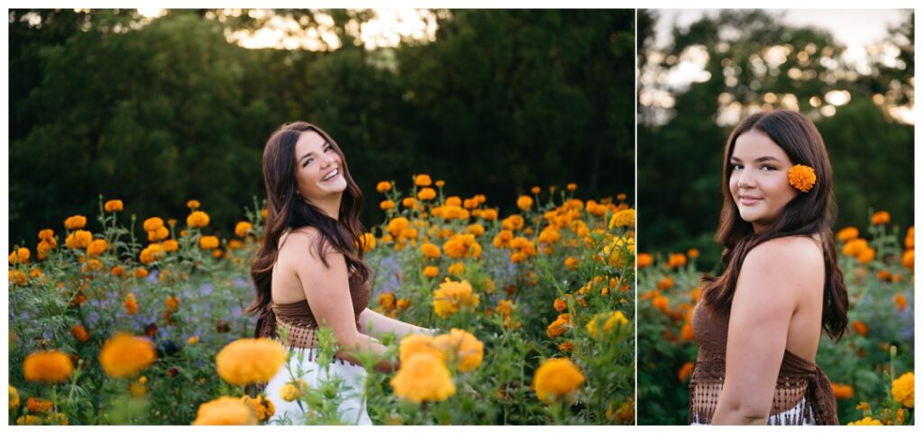 Happy Senior girl in a field of flowers at Simmons Farm