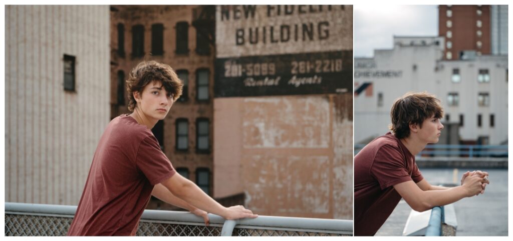 Senior Boy in a rooftop in downtown pittsburgh 