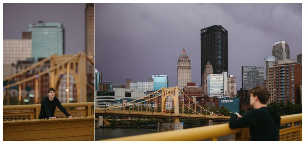 Boy stands on the iconic 3 sister bridges for senior photos 