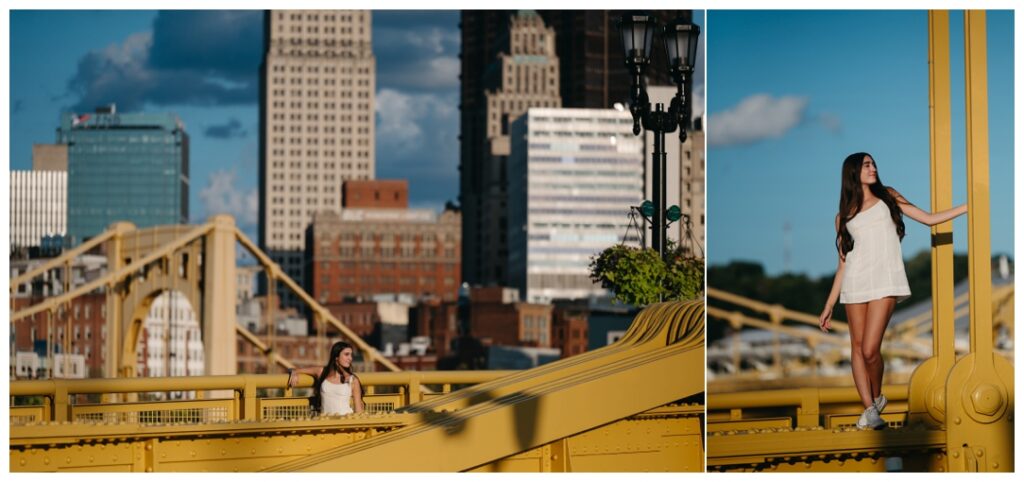 Girl poses on the Roberto Clemente bridge in Pittsburgh for her Senior photo shoot. 