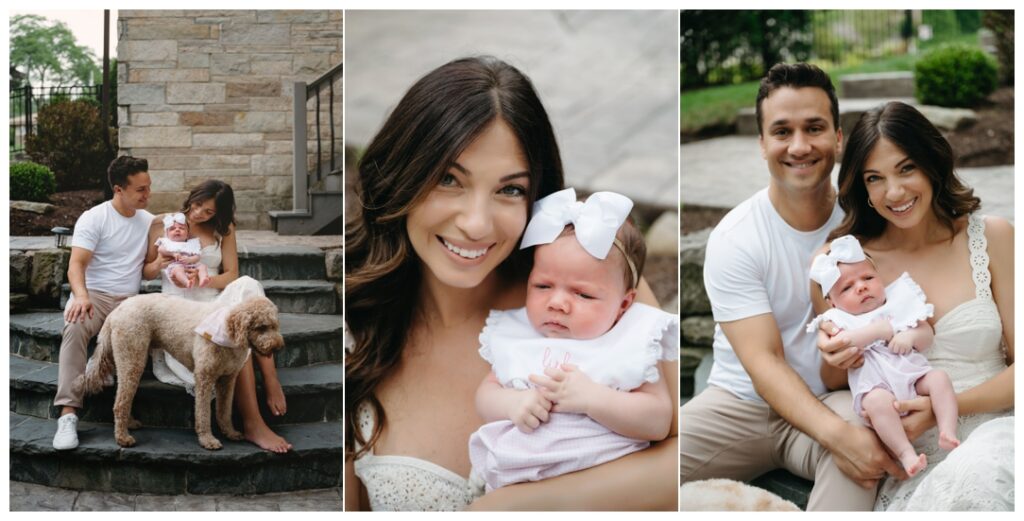 Newborn baby cuddled by parents outside